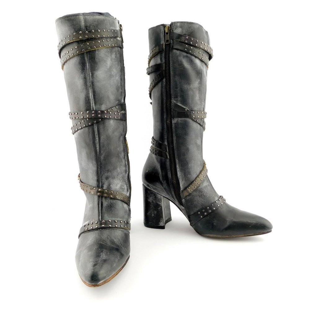 Unworn FREEBIRD Waxed Black Stud Detail Strap Buckle Block Heel Boots 8 - Picture 2 of 10